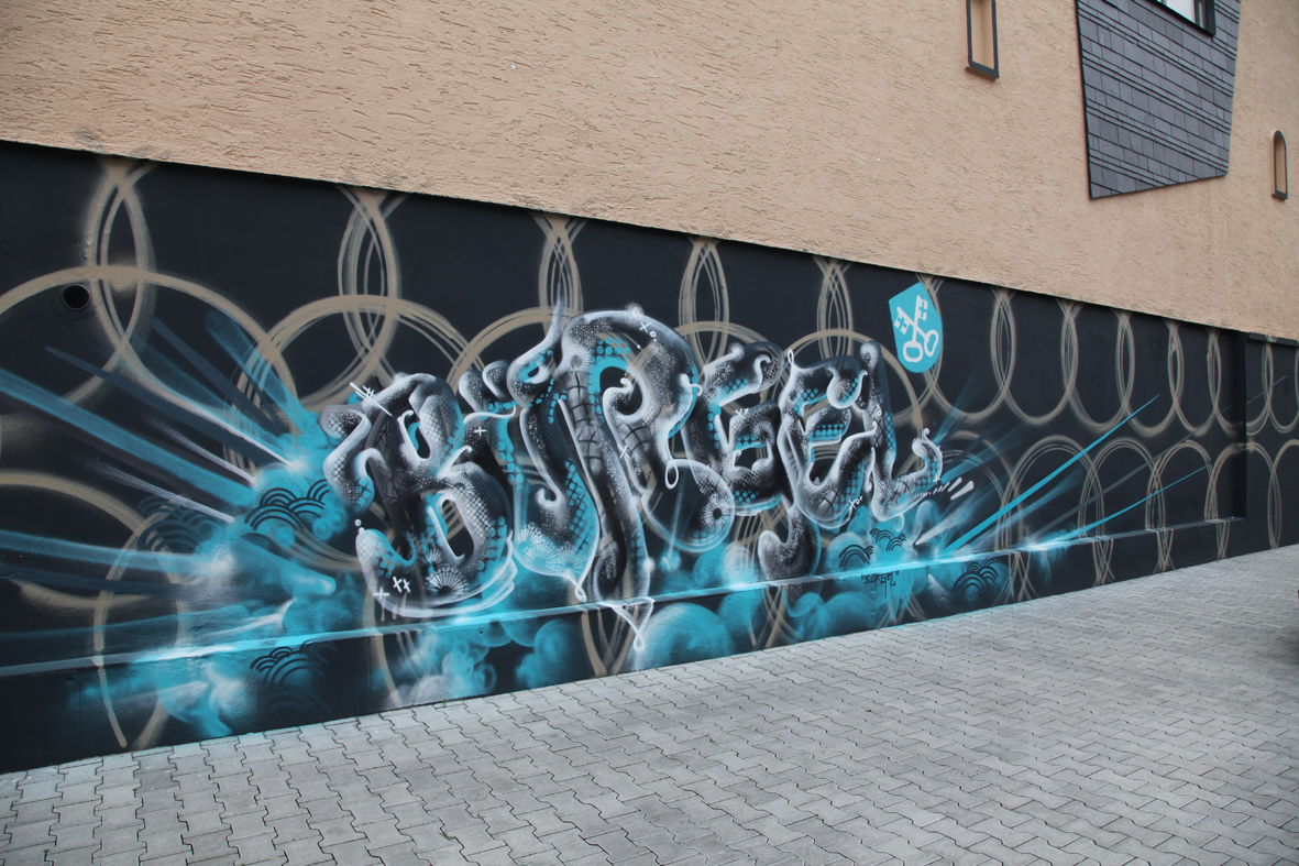 Bunker Sockel Offenbach-Bürgel 2016 Fassadengestaltung Stylewriting mit Farbsprühdose und Wappen: BÜRGEL