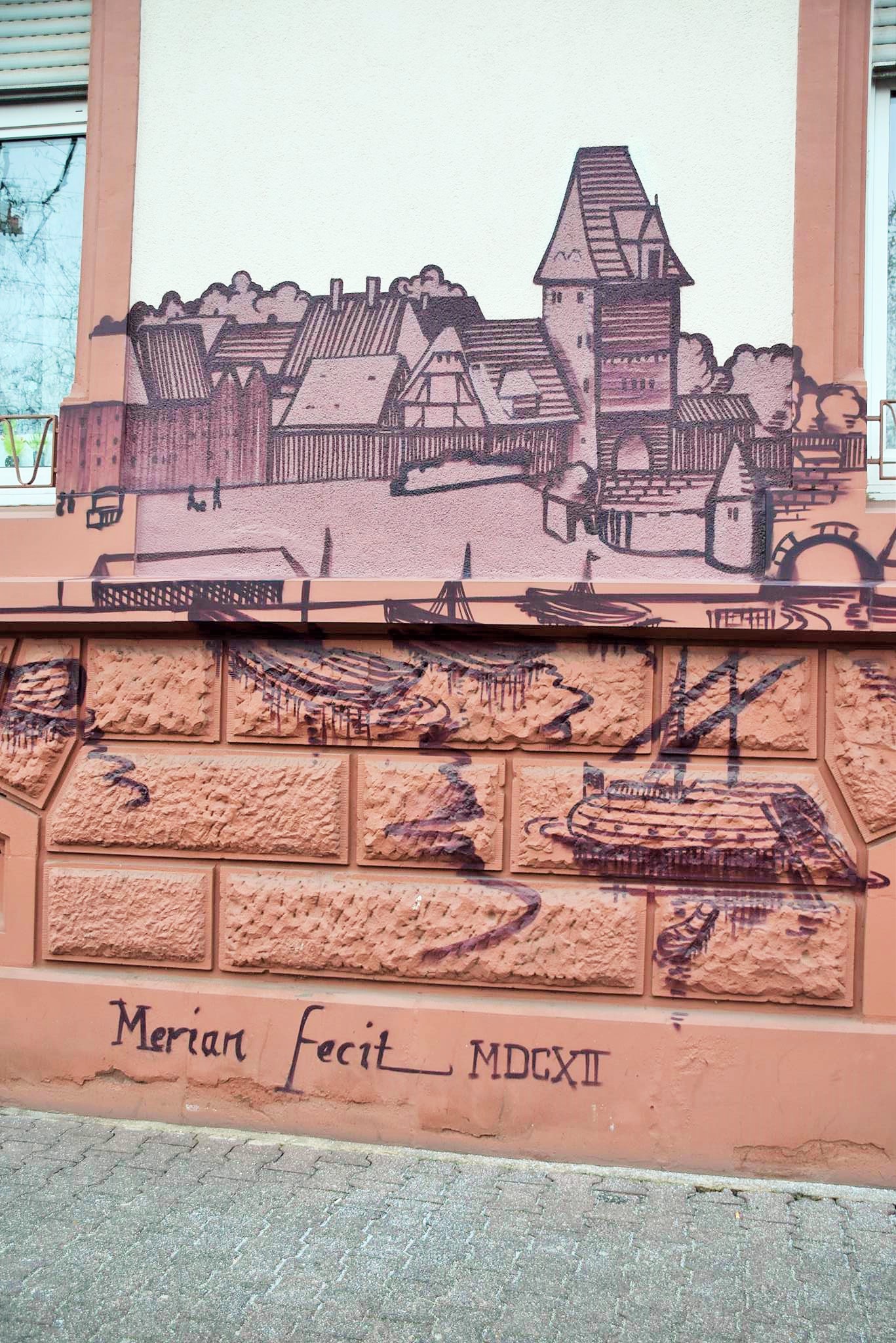 Alt Frankfurt-Stich Matthäus Merian auf Fassade Hamburger Allee, Frankfurt-Bockenheim 2016