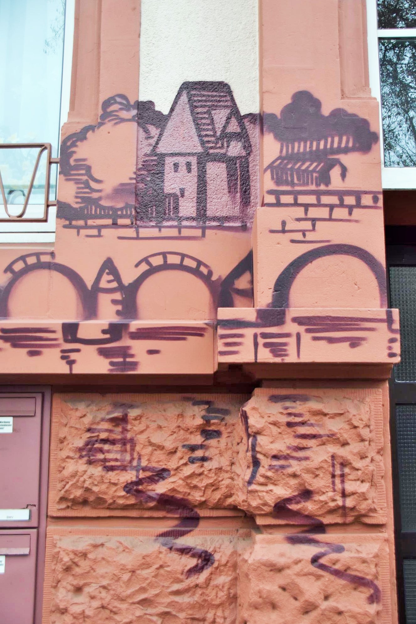 Alt Frankfurt-Stich Matthäus Merian auf Fassade Hamburger Allee, Frankfurt-Bockenheim 2016