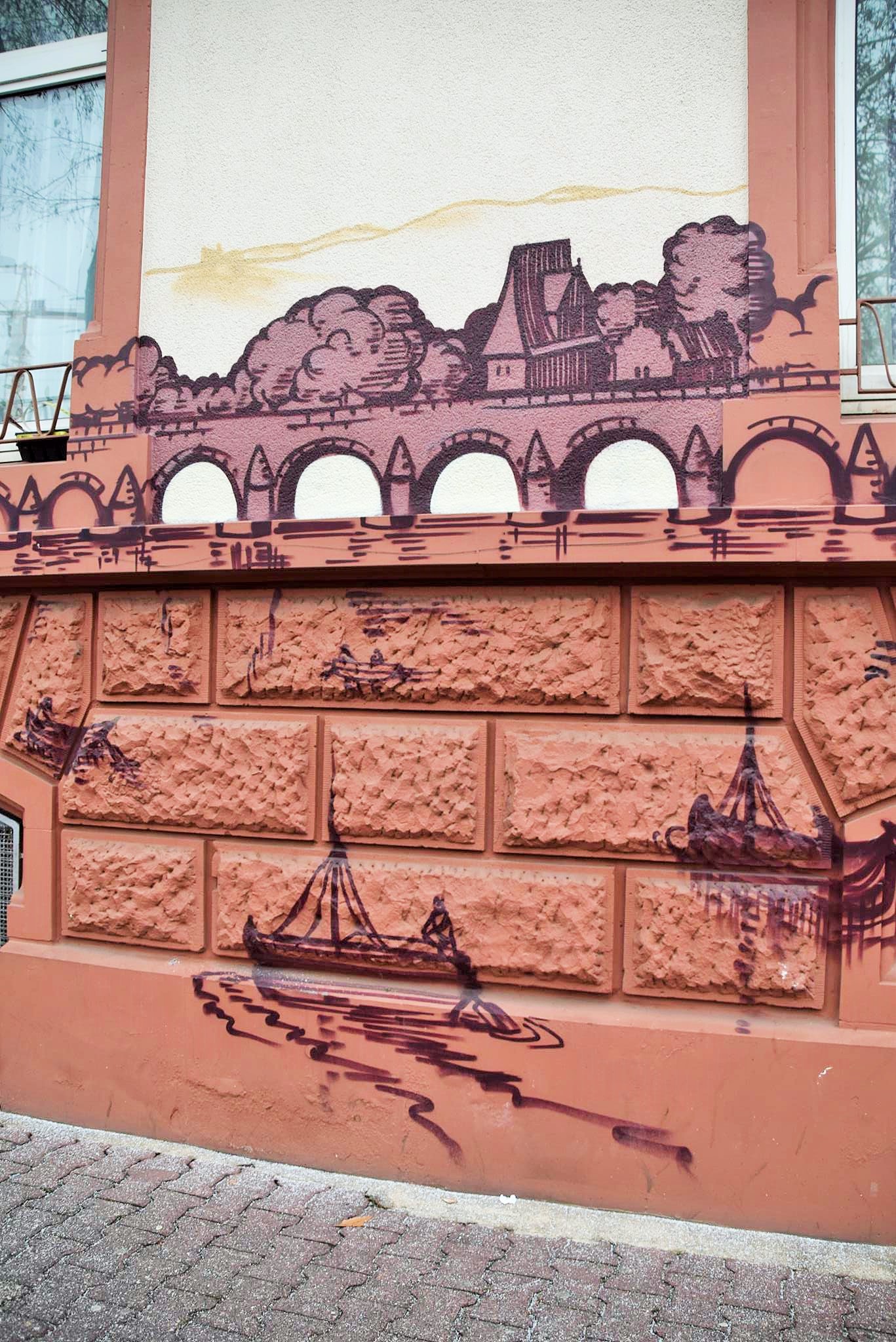 Alt Frankfurt-Stich Matthäus Merian auf Fassade Hamburger Allee, Frankfurt-Bockenheim 2016