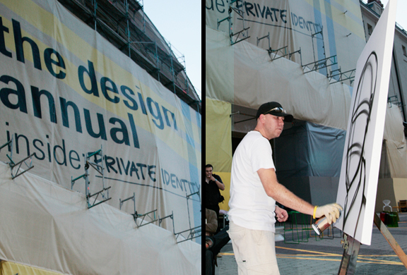 Live Urban Art painting with lectures  at pecha kucha night for the DAM Deutsche Architekturmuseum at the fair design annual Frankfurt in order of Jazzunique, 14.06.2007.