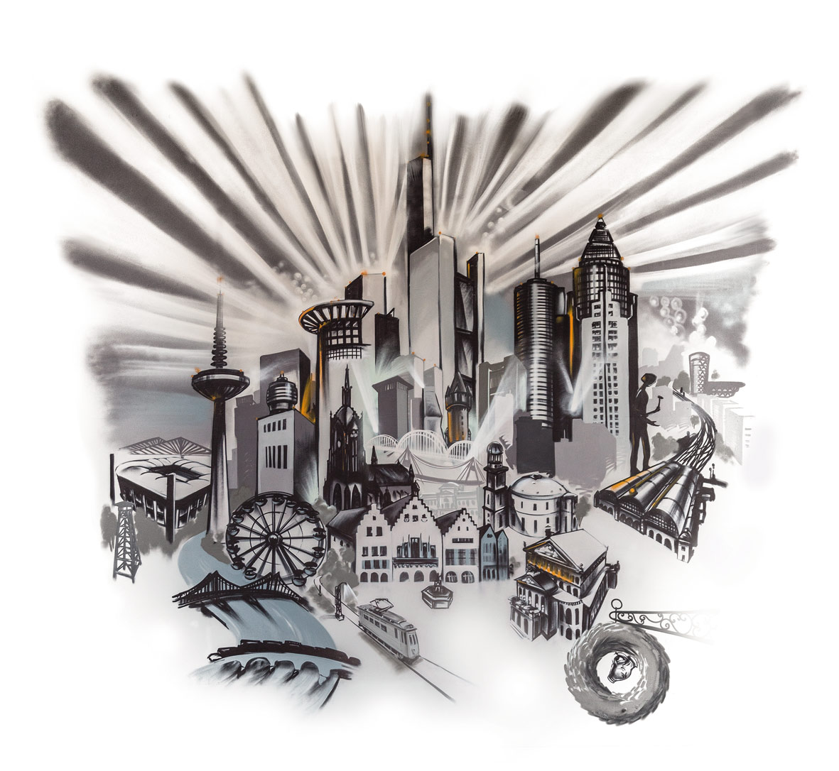 Frankfurt am Main Skyline Graffiti Art, Fraport Terminal 1 Busbahnhof 2015